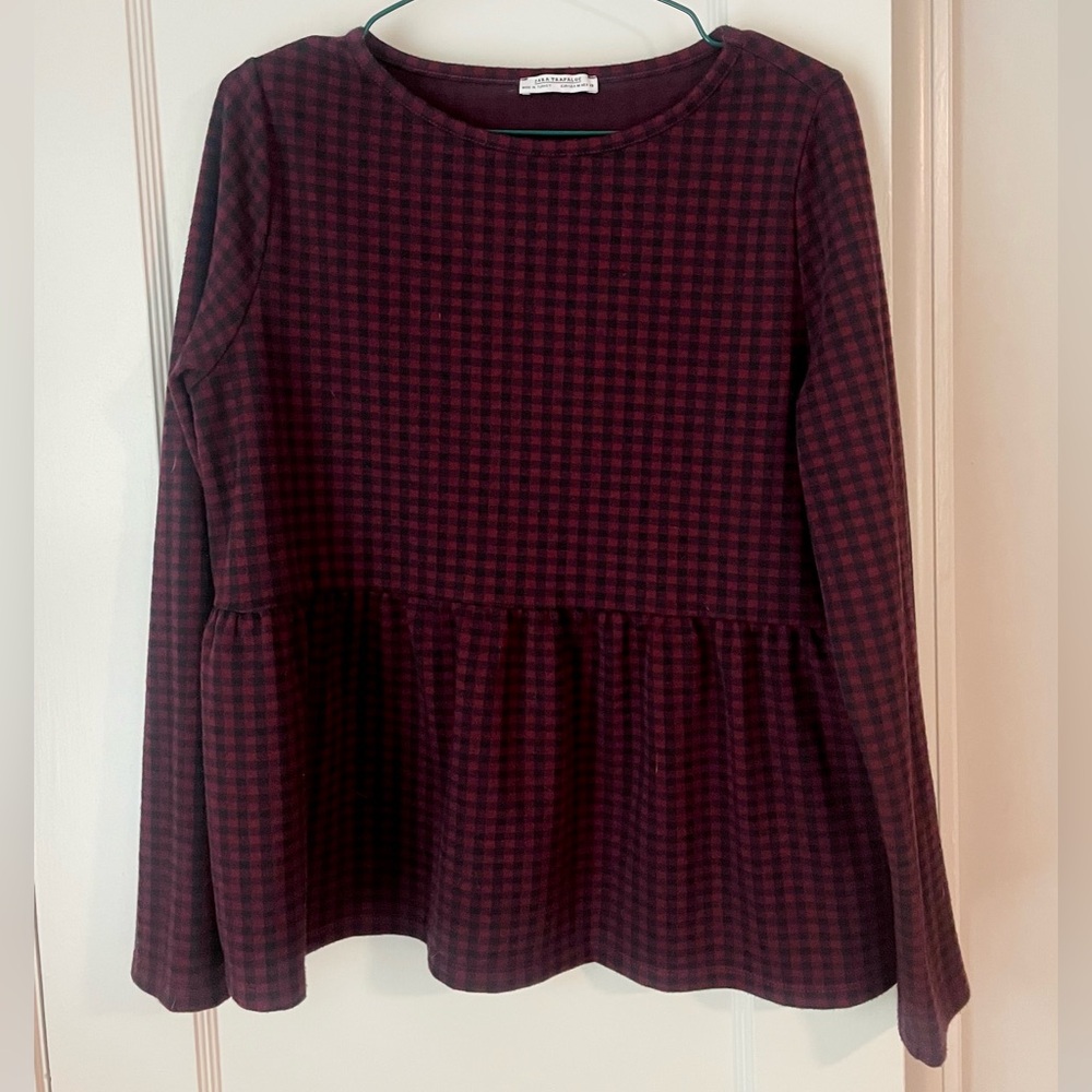 ZARA TRAFALUC WOMEN'S RED BLACK PLAID GINGHAM PEPLUM FRONT TOP size medium